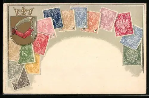 AK Briefmarken und Wappen Bosniens, Krone, Ritter mit Schwert