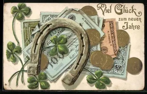 AK Geldscheine und Münzen mit Hufeisen und Kleeblättern