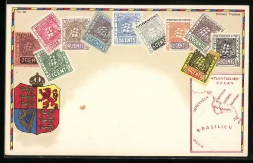 AK Briefmarken, Landkarte vom Norden Südamerikas