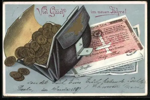 AK Geldmünzen in einer Börse auf Geldscheinen liegend