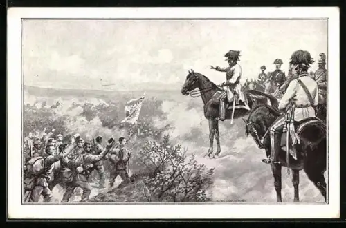 Künstler-AK Du trittst auf`s neue an unsere Spitze..., Infanterie zieht in dier Schlacht