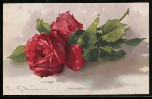 Künstler-AK Catharina Klein: Zwei rote Rosen mit grünen Blättern auf hellem Hintergrund