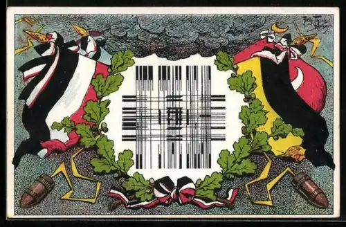 Künstler-AK A. Thiele: Türkische Fahne, Überraschungskarte, Schrift-Rätsel, deutsche Schleife