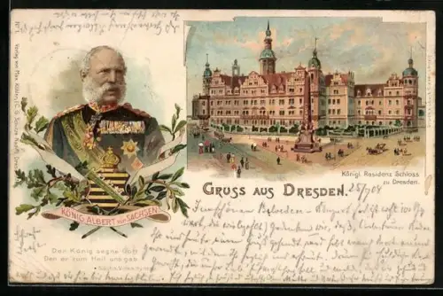 Lithographie Dresden, König Albert von Sachsen, Königl. Residenz-Schloss