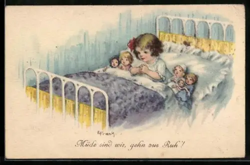 Künstler-AK Elly Frank: Mädchen legt sich mit Puppen ins Bett