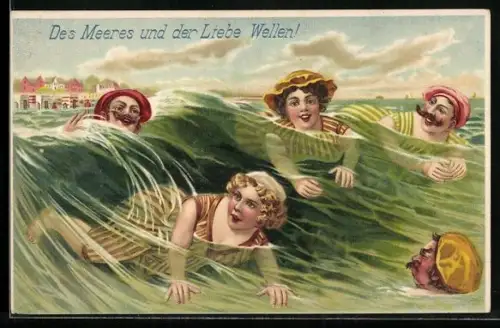 Lithographie Menschen in Badeanzug im Meer