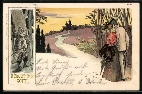 Künstler-AK Bruno Bürger & Ottillie: Trompeter von Säckingen bei Nacht und Paar bei einem Spaziergang