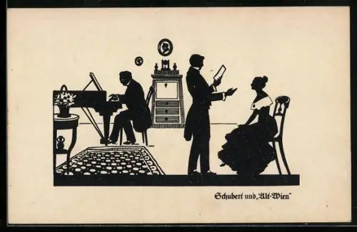 Künstler-AK Dame lauscht dem Gesang und dem Klavierspiel der Männer, Scherenschnitt, Schubert und Alt-Wien