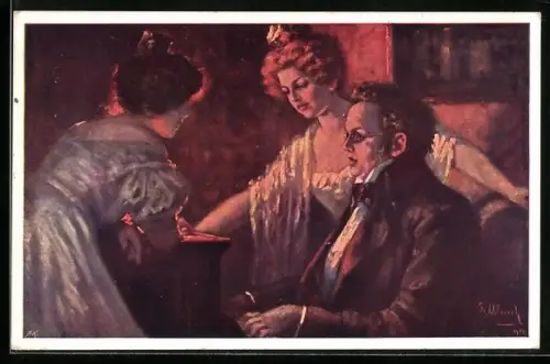 Künstler-AK R. Ulreich: Schubert, Bildnis mit zwei Damen