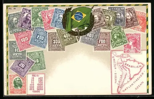 AK Briefmarken, Kranz mit brasilianischer Flagge