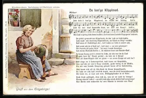 Lied-AK De lust'ge Klipplmad, Bäuerin in Tracht