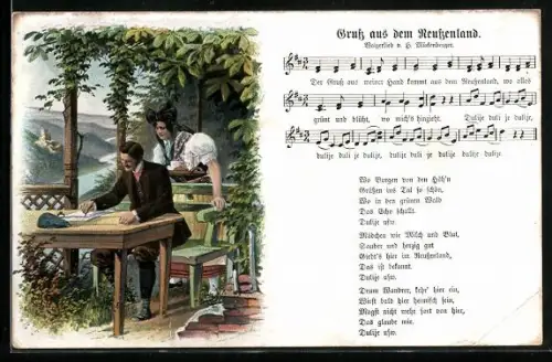 Lied-AK Hilmar Mückenberger: Lied Gruss aus dem Reussenland, Mann schreibt einen Brief