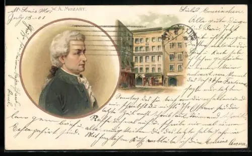 AK Portrait des Musikers Wolfgang Amadeus Mozart mit seinem Geburtshaus