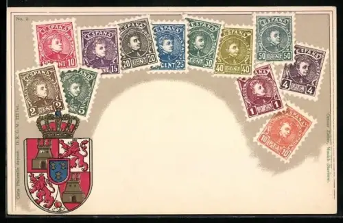 Lithographie Espana, Briefmarken und Wappen