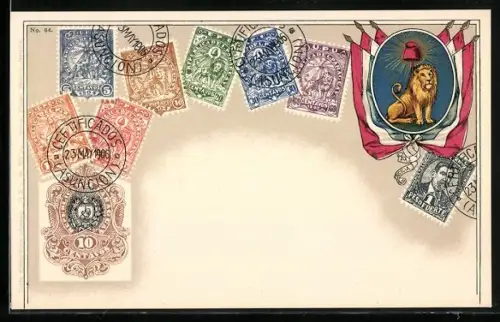 AK Briefmarken, Flaggen mit Löwen als Wappentier