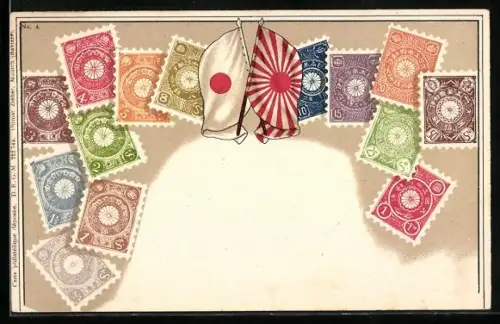 AK Japan, Briefmarken, Fahnen