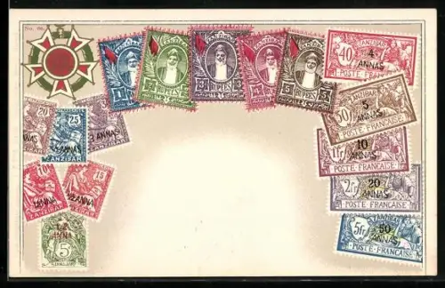 AK Briefmarken und Wappen von Sansibar
