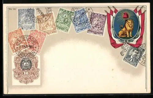 AK Briefmarken, Flaggen mit Löwen als Wappentier