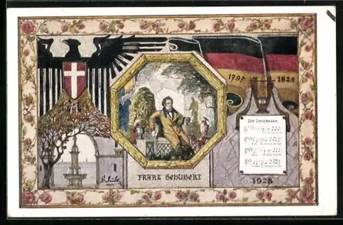 AK Wien, Sängerfest 1928, Franz Schubert im Garten und Noten Der Lindenbaum