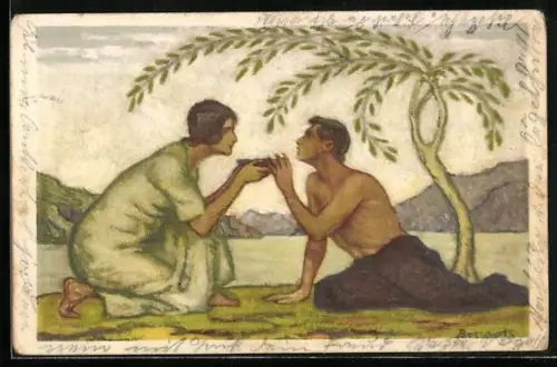 AK Henri Dunant, Bundesfeier 1917, für das Rote Kreuz, Frau reicht einem Mann Trinkschale