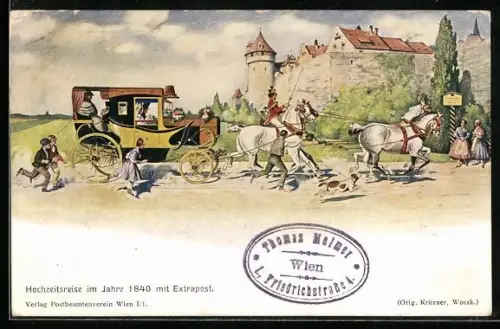 AK Hochzeitsreise im Jahre 1840 mit Extrapost, Hund