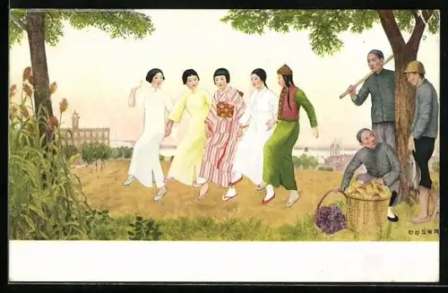 Künstler-AK Manchoukuo, Gruppe von Japanerinnen beim Tanz, Landarbeiter mit Früchten, Geisha