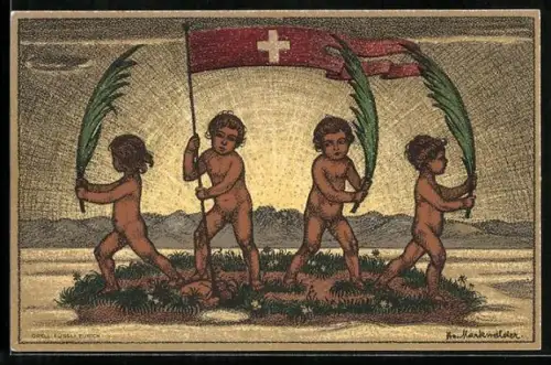 AK Schweizer Bundesfeier 1916, Für die Notleidenden Wehrmänner, Kinder mit Flagge