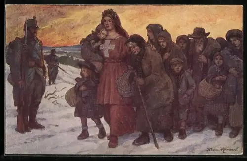 AK Schweizer Bundesfeier 1915, Helvetia mit einer Flüchtlingsgruppe im Schnee
