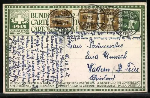 AK Schweizer Bundesfeier 1915, Helvetia mit einer Flüchtlingsgruppe im Schnee