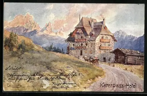 Künstler-AK Edward Theodore Compton: Karerpass, Strassenpartie mit Hotel und Pferdewagen