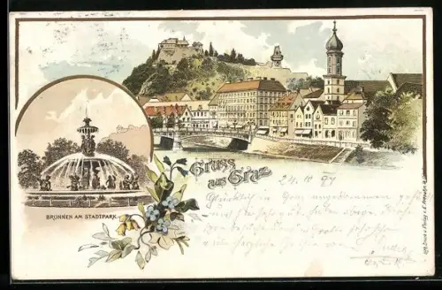 Lithographie Graz, Uferpartie mit Brücke, Brunnen am Stadtpark