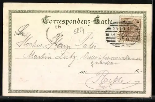 Lithographie Graz, Uferpartie mit Brücke, Brunnen am Stadtpark