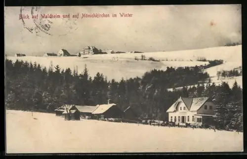 AK Waldheim, Ortsansicht Waldheim und Mönichkirchen im Winter