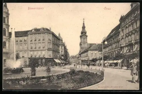 AK Graz, Bismarckplatz, Ortspartie mit Kirchturm