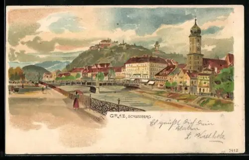 Lithographie Graz, Blick von der Mur zum Schlossberg