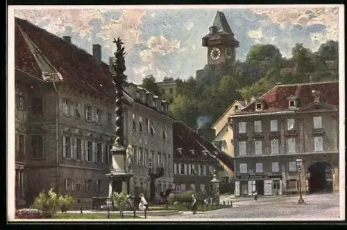 Künstler-AK Graz, Karmeliterplatz mit Madonnenfigur