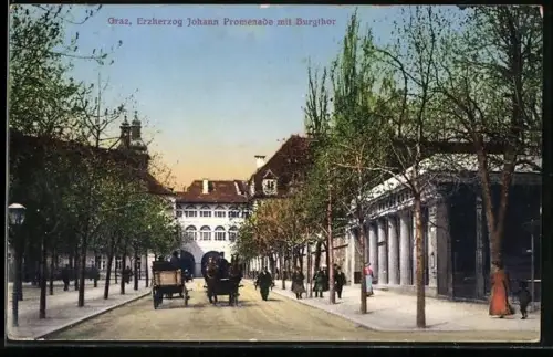 AK Graz, Erzherzog Johann Promenade im Burgthor, Pferdegespann