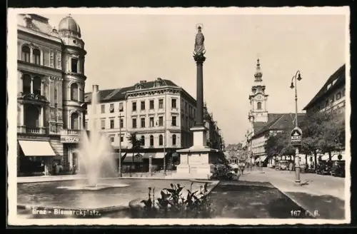 AK Graz, Bismarckplatz mit Cafe und Denkmal