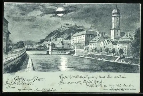 AK Graz, Ortspanorama mit Brücke, Uferpromenaden und Schlossberg