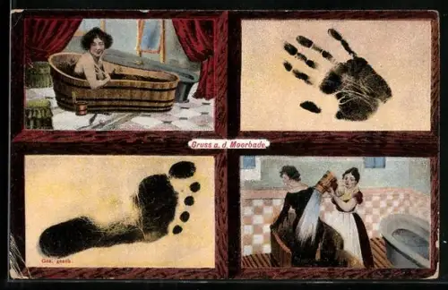 AK Damen bei einem Moorbad, Fuss- und Handabdruck