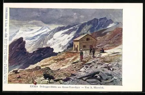 Künstler-AK Anton Hlavacek: Defregger-Hütte, Blick auf die Berghütte am Gross-Venediger