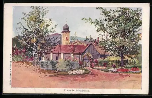 Künstler-AK Franz Kopallik: Feldkirchen, Ortspartie mit Kirche