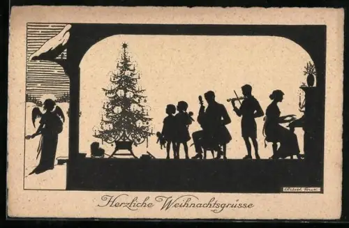 Künstler-AK Elsbeth Forck: Musizieren am Christbaum mit Engel vor der Tür - Scherenschnitt