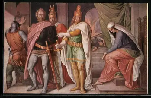 Künstler-AK Julius Schnorr von Carolsfeld: Das Nibelungenlied, König Dietrich bringt Gunther u. Hagen vor Kriemhilde