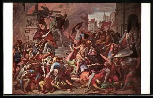 Künstler-AK Julius Schnorr von Carolsfeld: Das Nibelungenlied, Kampf auf der Stiege in Etzels Palast