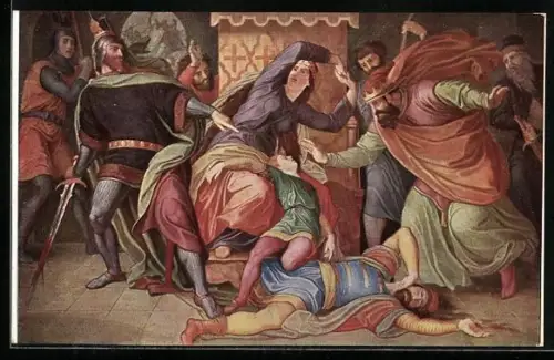 AK Nibelungen, Bild Nr. 22, Hagen erschlägt Etzels Sohn Ortlieb