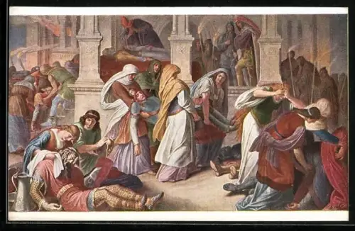 Künstler-AK Julius Schnorr von Carolsfeld: Das Nibelungenlied, Bestattung der Toten in König Etzels Burg