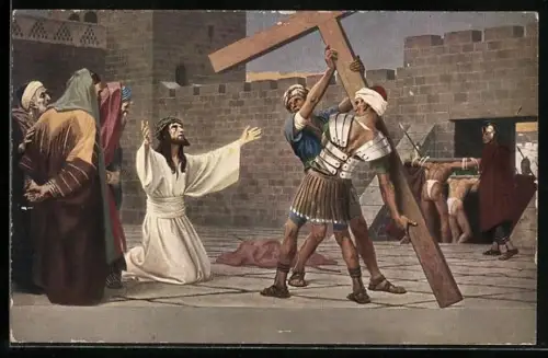 Künstler-AK Via crucis, der Kreuzweg, die Passion Christi, Jesus kniet vor dem Kreuz