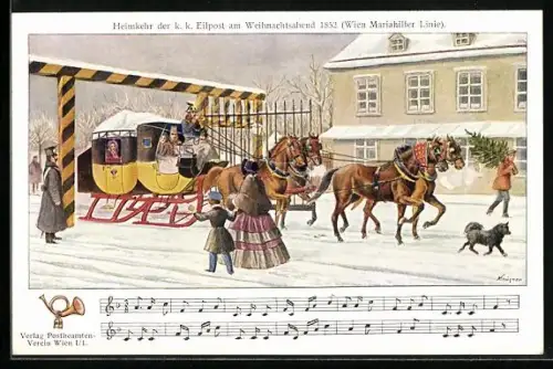 Künstler-AK Heimkehr d. k.k. Eilpost am Weihnachtsabend 1852, Postkutsche d. Wien Mariahilfer Linie, Hund