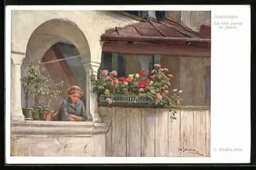 Künstler-AK Josef Straka: Nesthäkchen, La rose parmi de fleurs, junges Fräulein steht auf einem Balkon